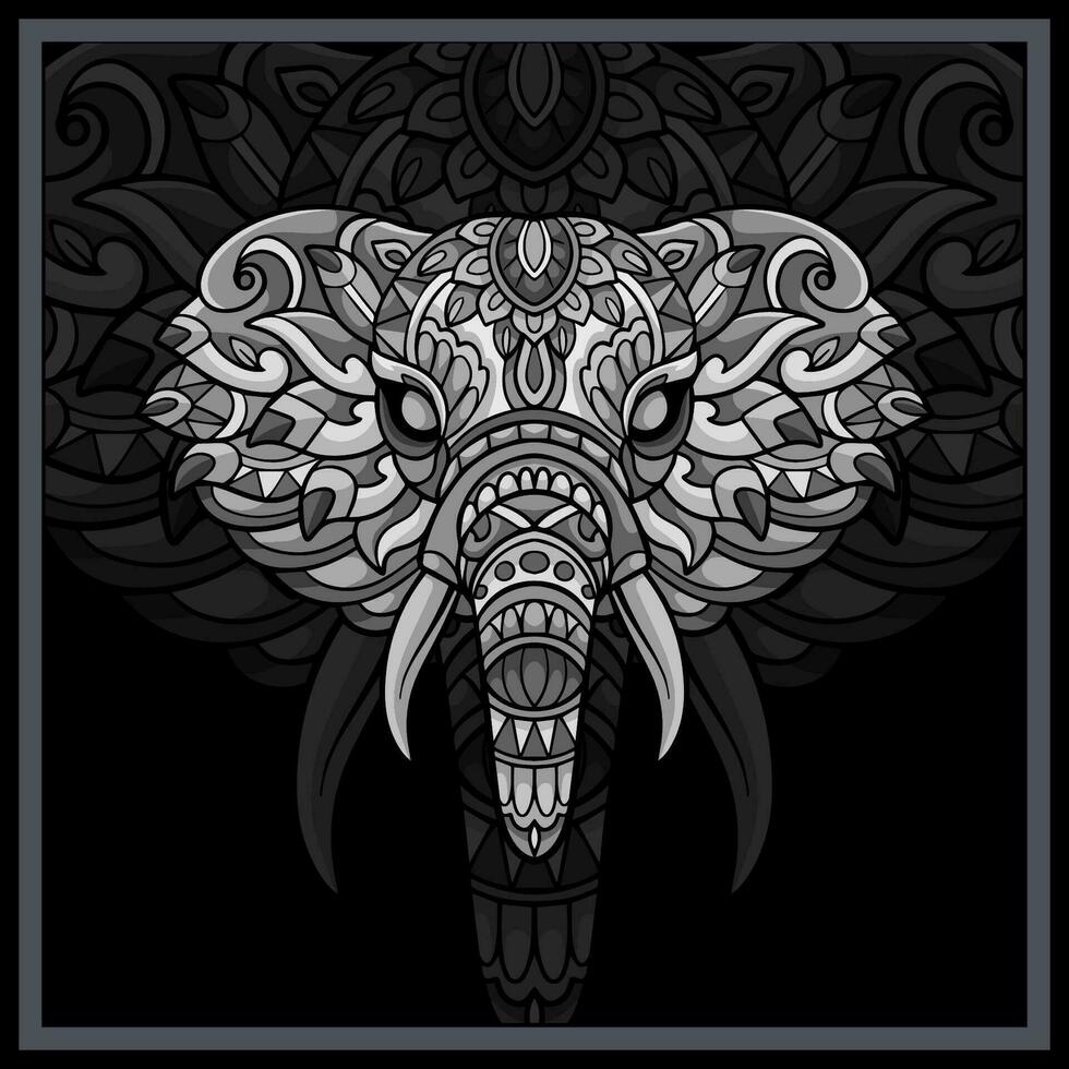 monocromo elefante cabeza mandala letras aislado en negro antecedentes. vector