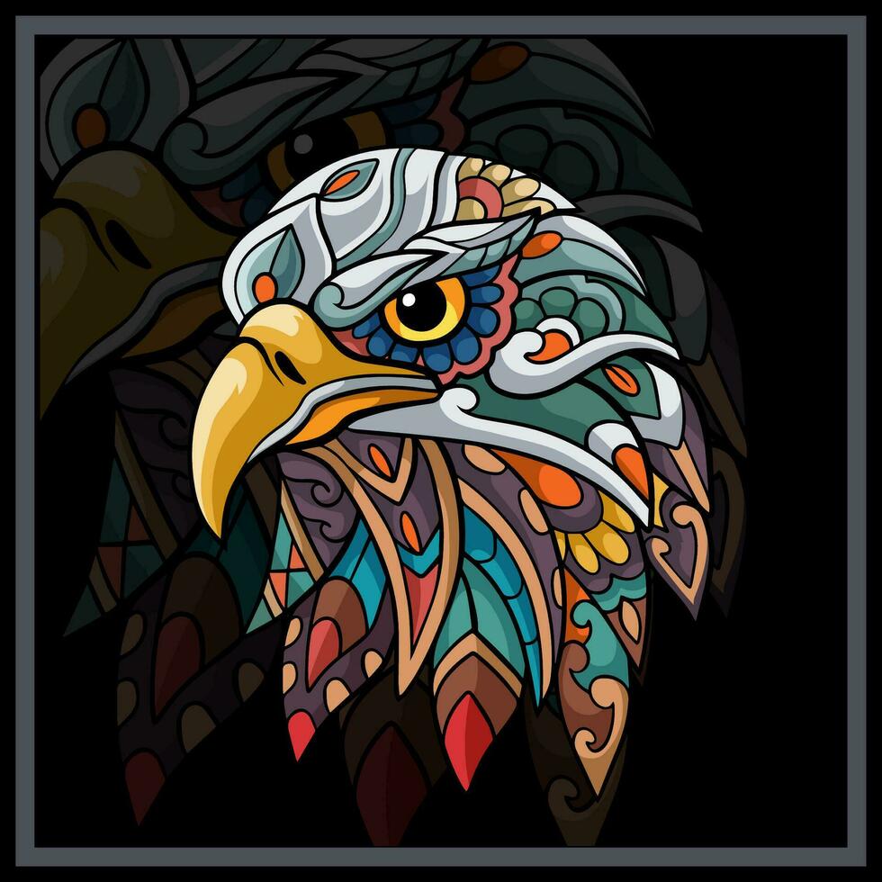 Colorful Eagle head mandala arts isolated on black background. vector