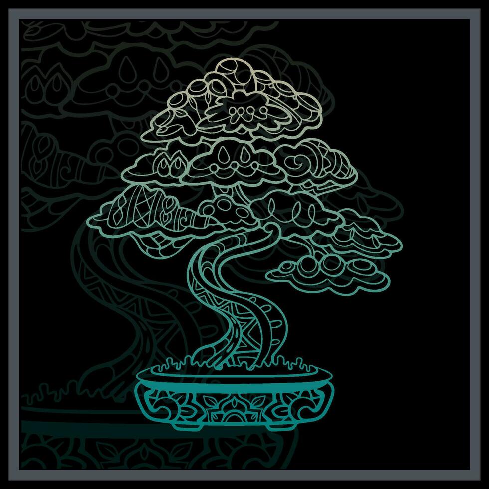 Gradient Colorful Bonsai tree mandala arts isolated on black background. vector