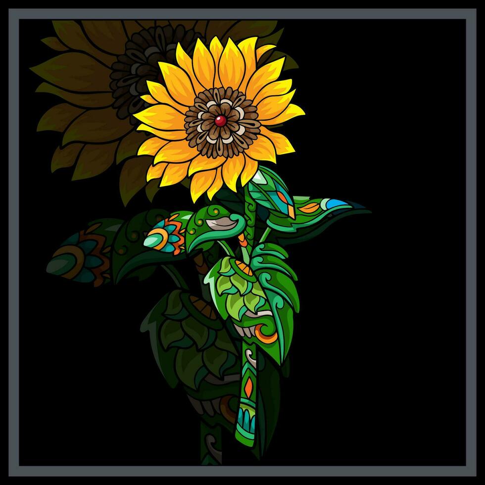 Colorful Sun flower mandala arts isolated on black background. vector