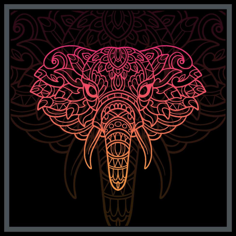 Gradient Colorful Elephant head mandala arts isolated on black background. vector