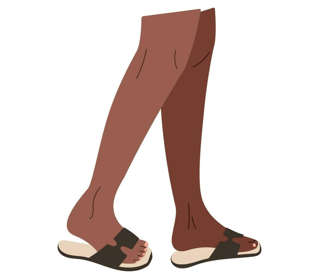 Beautiful cartoon female legs in stylish slippers. Vector isolated flat fashion shoe illustration.