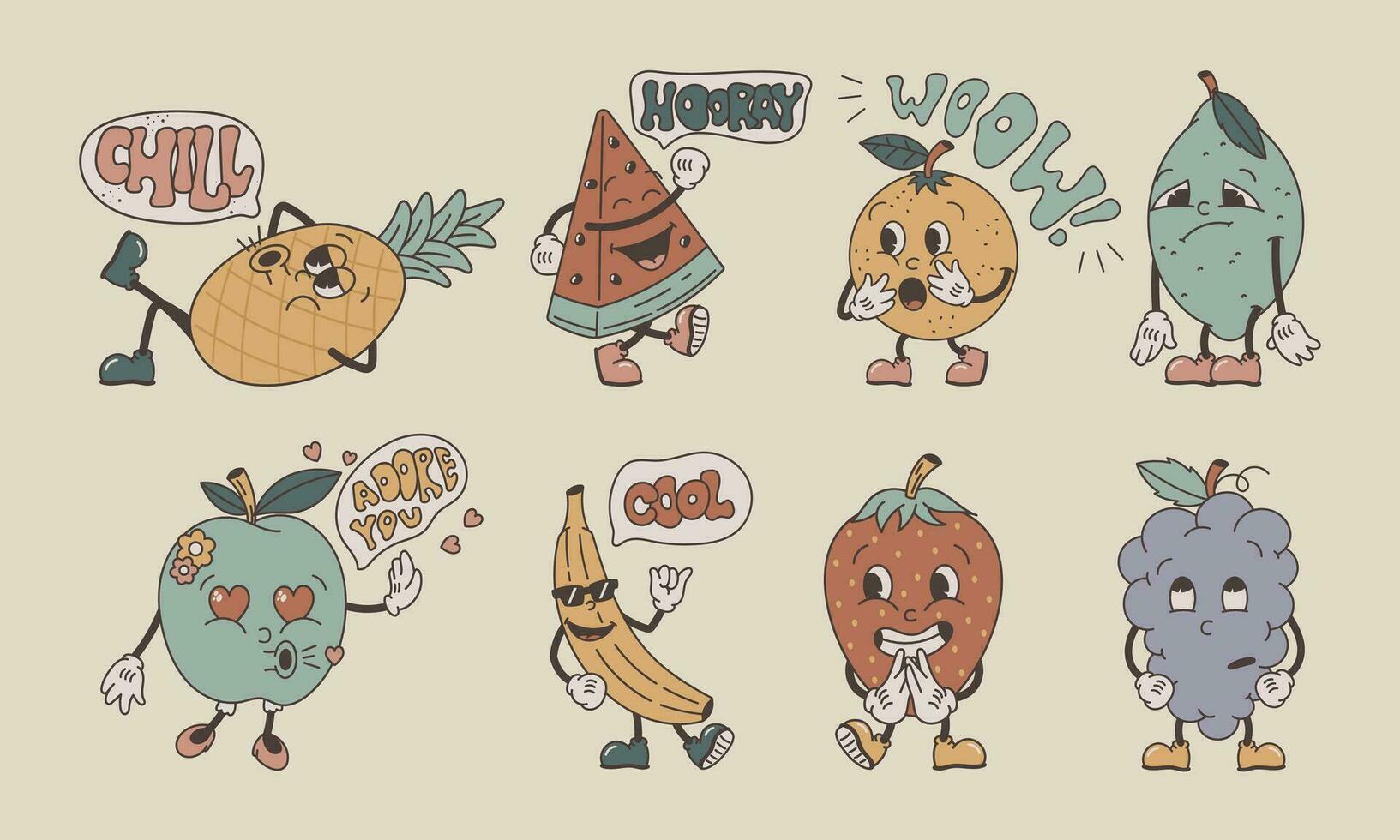 Funny groovy retro characters. Fruit emoticons with emotions, set of vector isolated illustrations, old cartoon style.