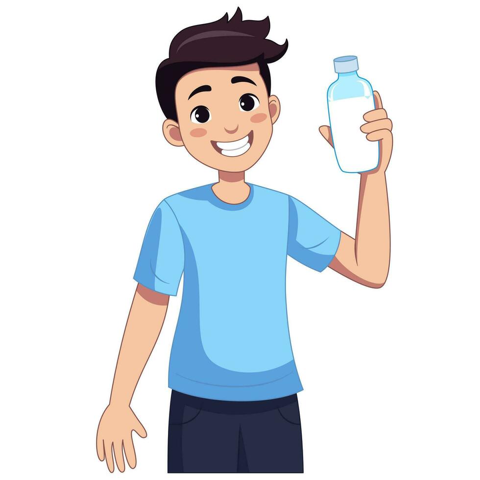 Healthy and happy man is holding a refreshing bottle of water. Flat style cartoon illustration. vector