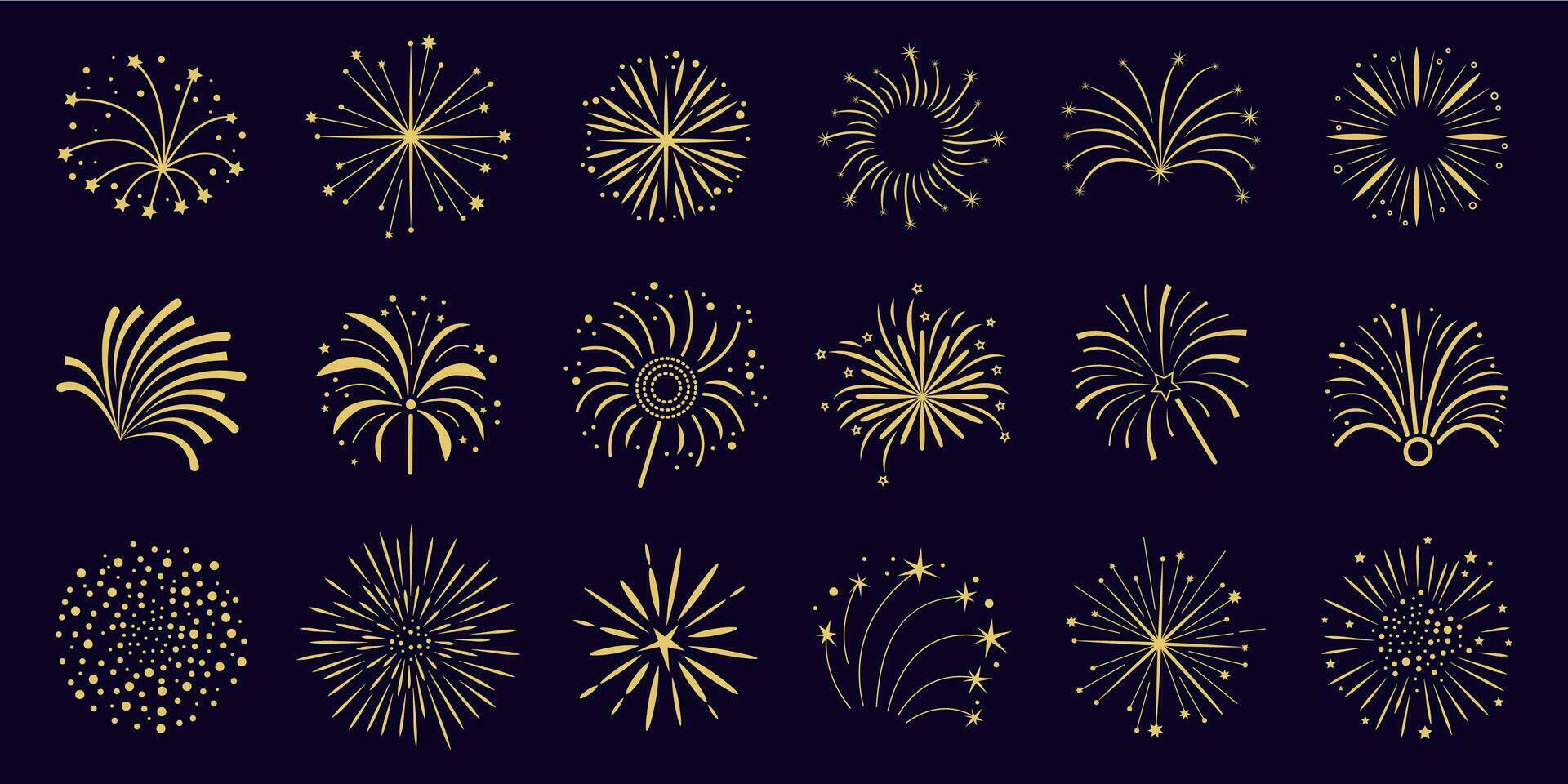 Simple Golden Fireworks Fest Collection on Dark Background. vector