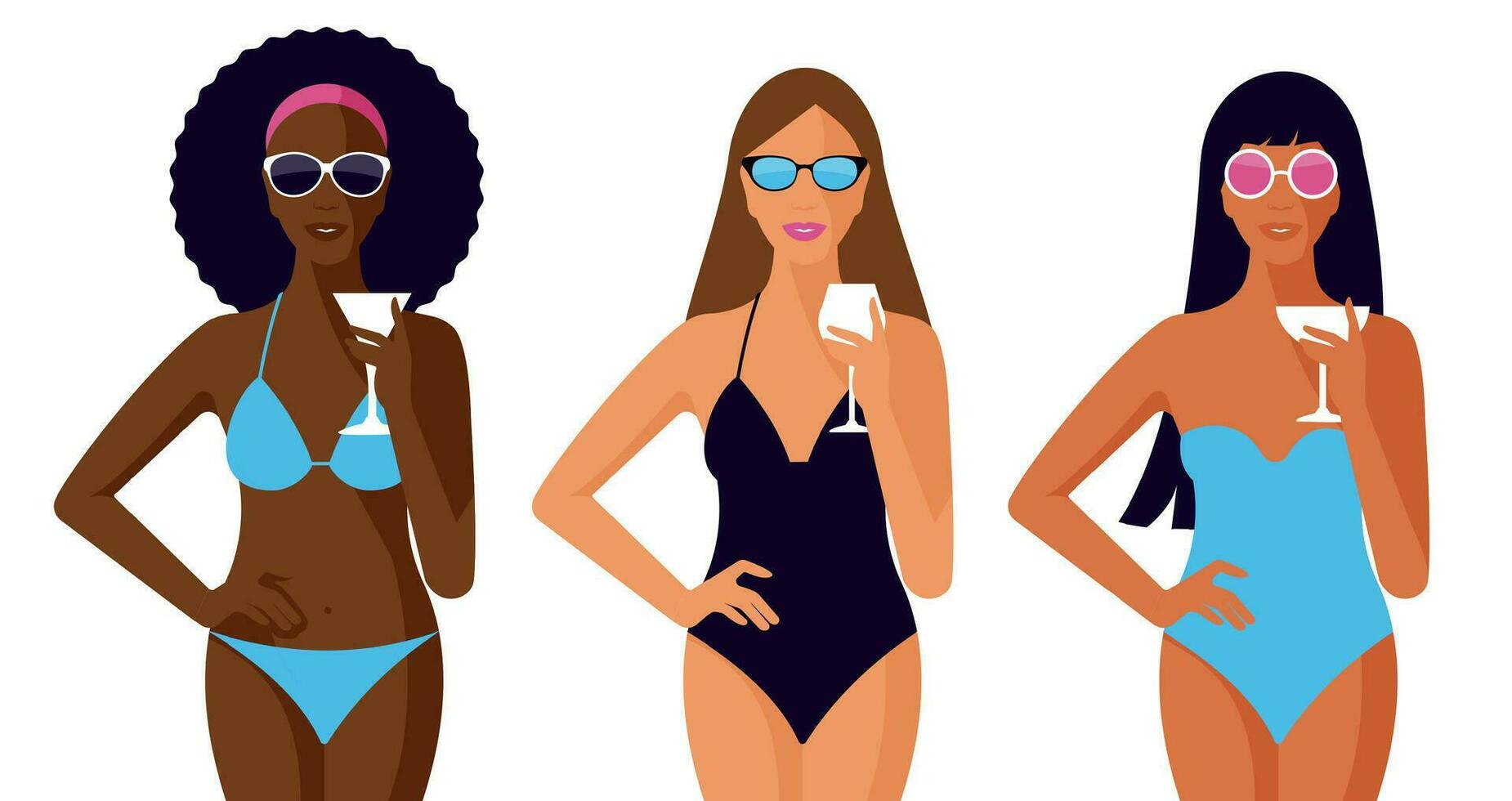 Three Pretty Woman Different Ethnicity. vector