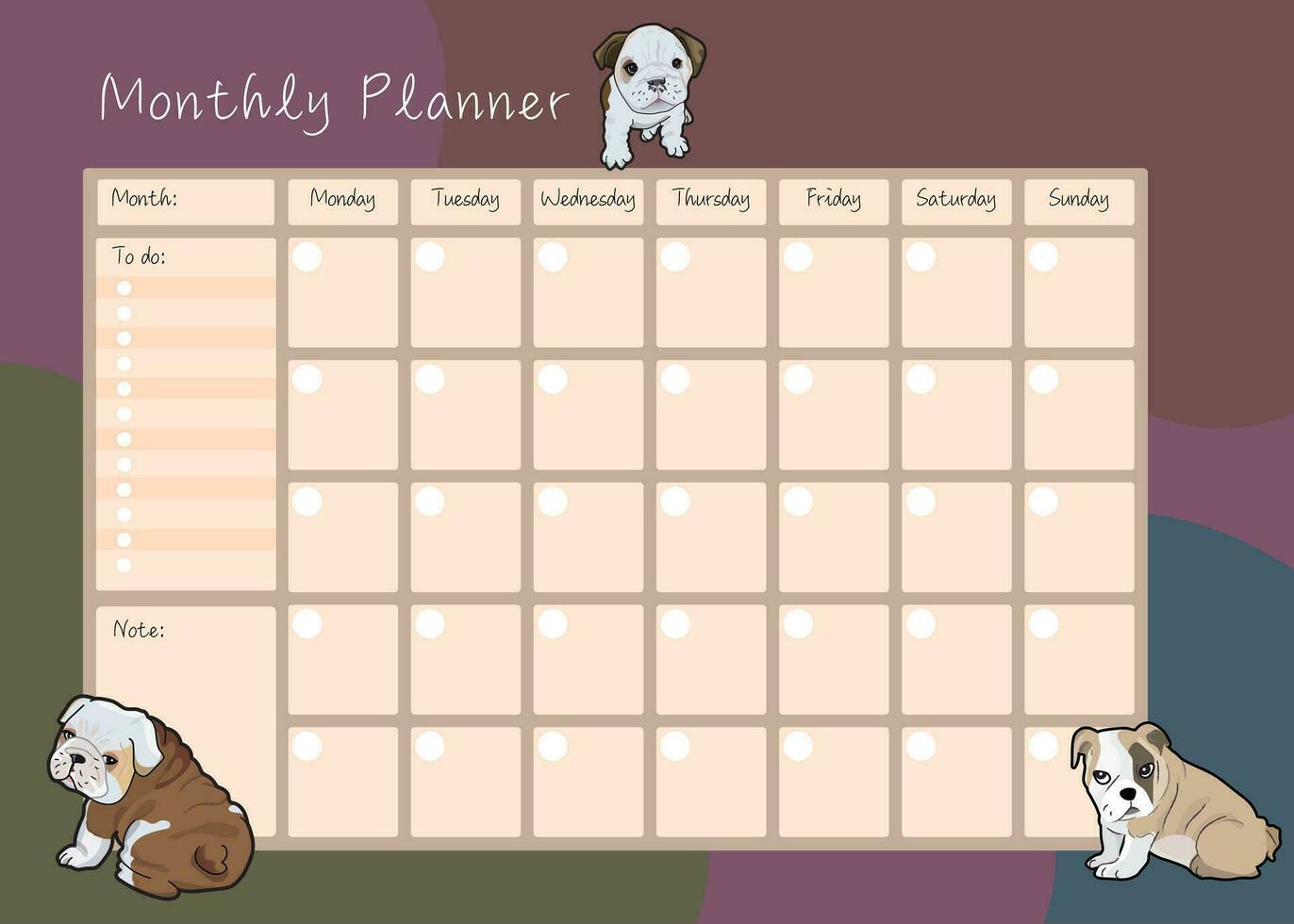 cute month plan week and day French bulldog design color calendar template vector