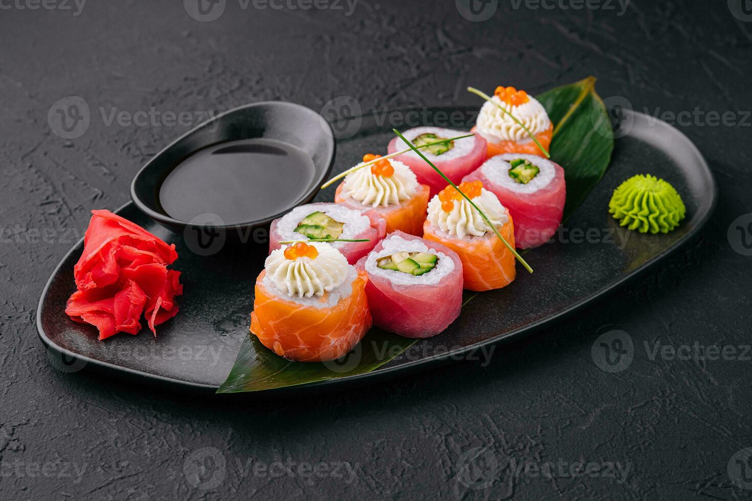 Close - up food photography of sushi set, ultra - realistic, low