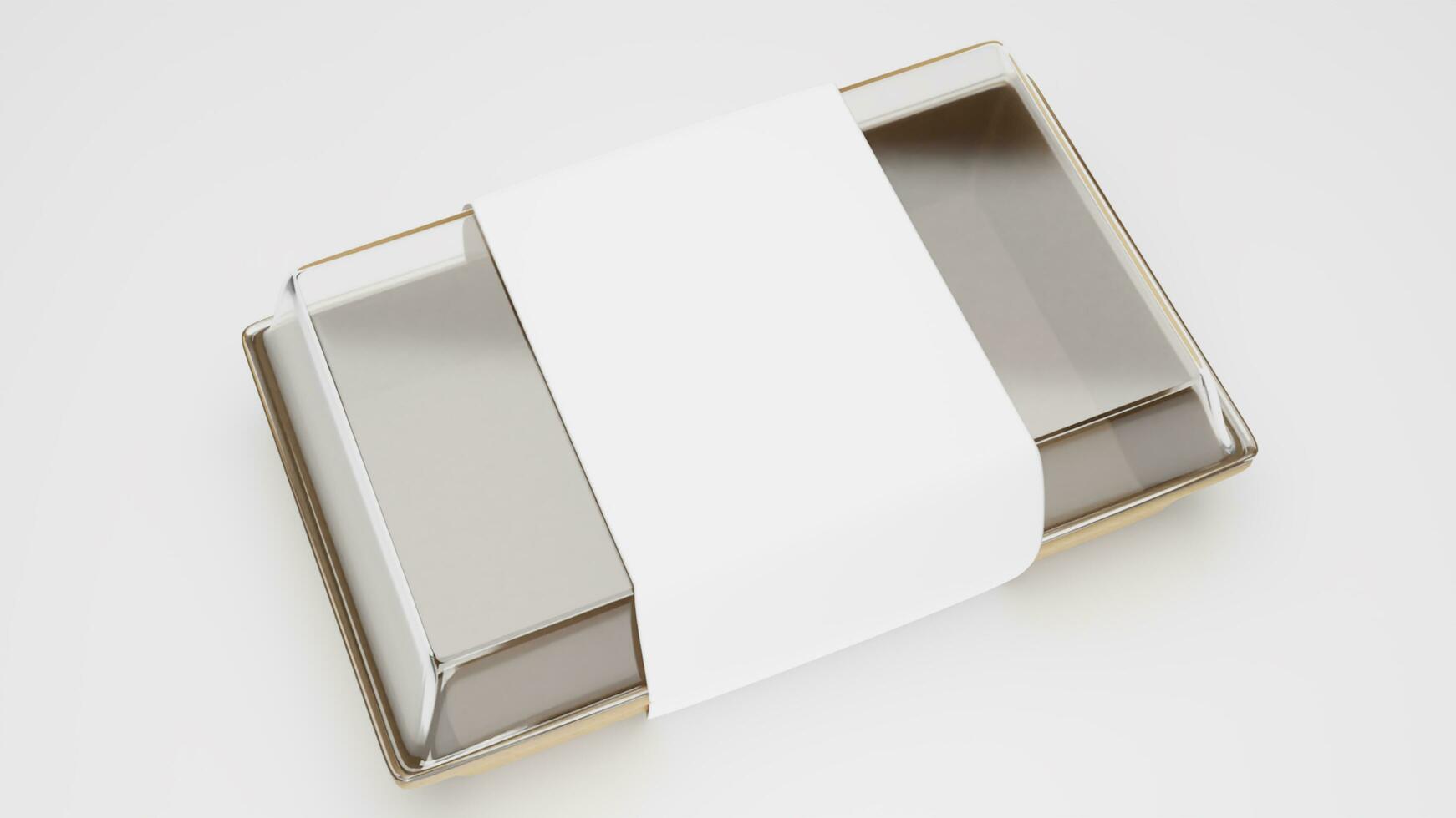 Plastic food packaging box with blank label, on white background. photo