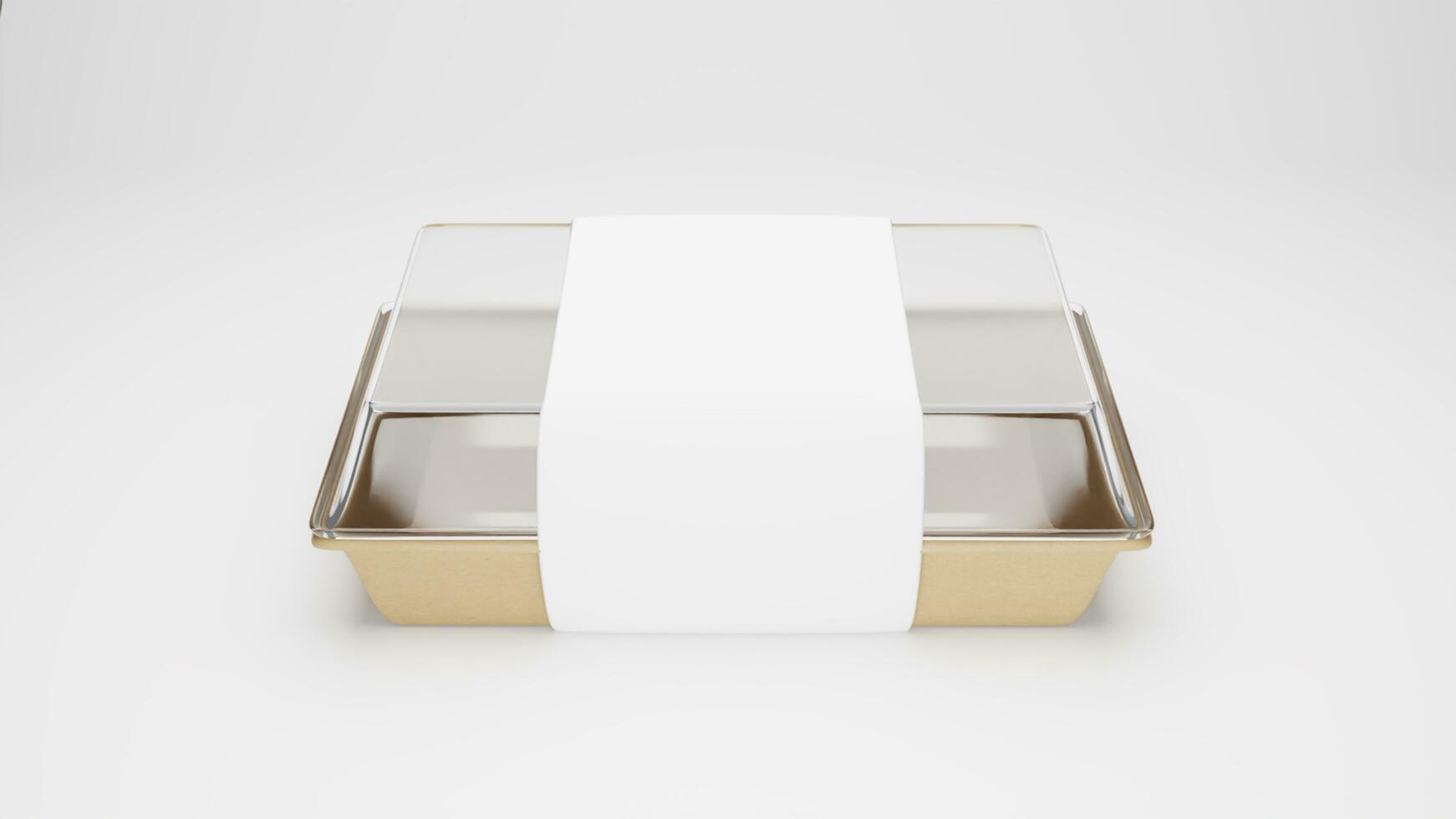 Plastic food packaging box with blank label, on white background. photo