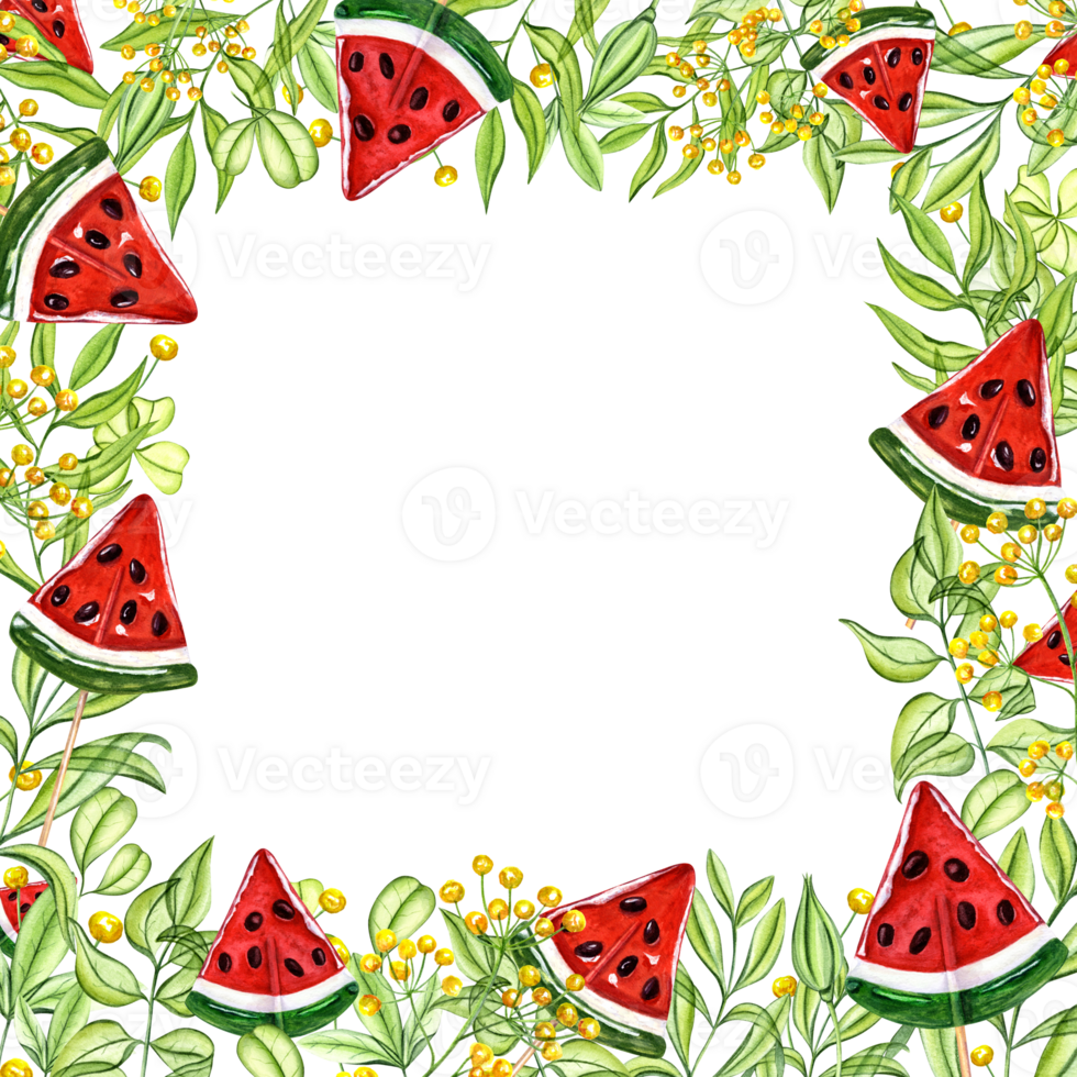 Square frame with caramel watermelon slices, yellow flowers, green leaves. Watermelon with chocolate seeds. Transparent green branches, herbs. Watercolor illustration. Copy space for text png