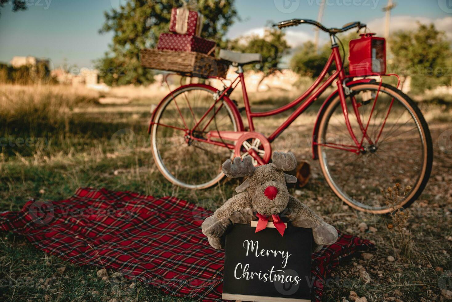 al aire libre Navidad sesión con bicicleta con regalos foto