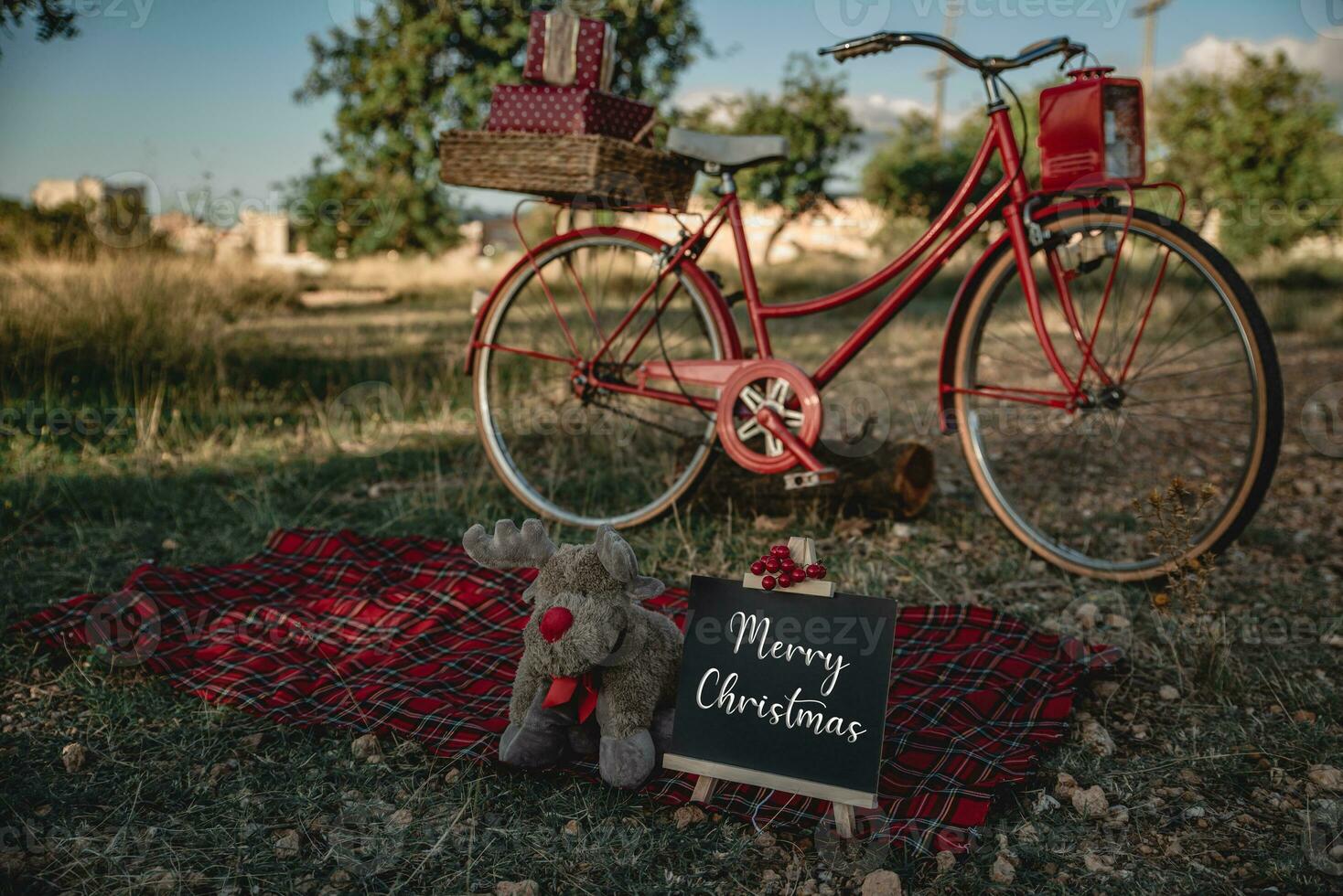 al aire libre Navidad sesión con bicicleta con regalos foto