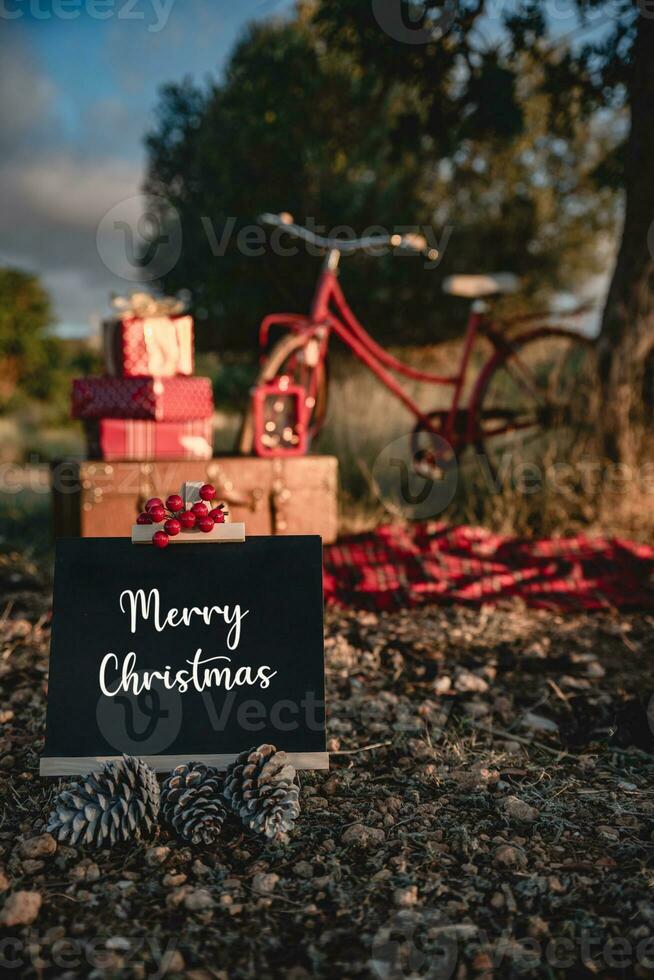 Christmas session in the countryside with a vintage suitcase and Christmas gifts photo