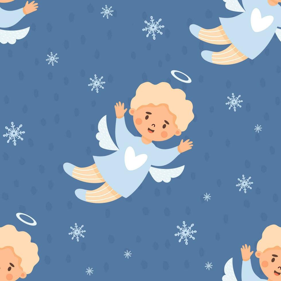 Christmas seamless pattern. Cute angel boy on blue background with snowflakes. Vector illustration in cartoon style. Xmas winter kids collection.