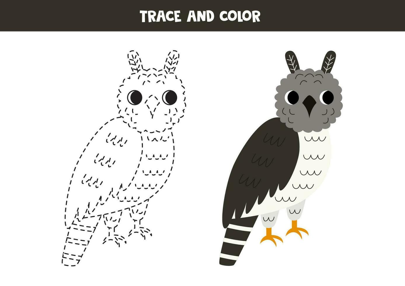 Trace and color cartoon harpy eagle. Worksheet for children. vector