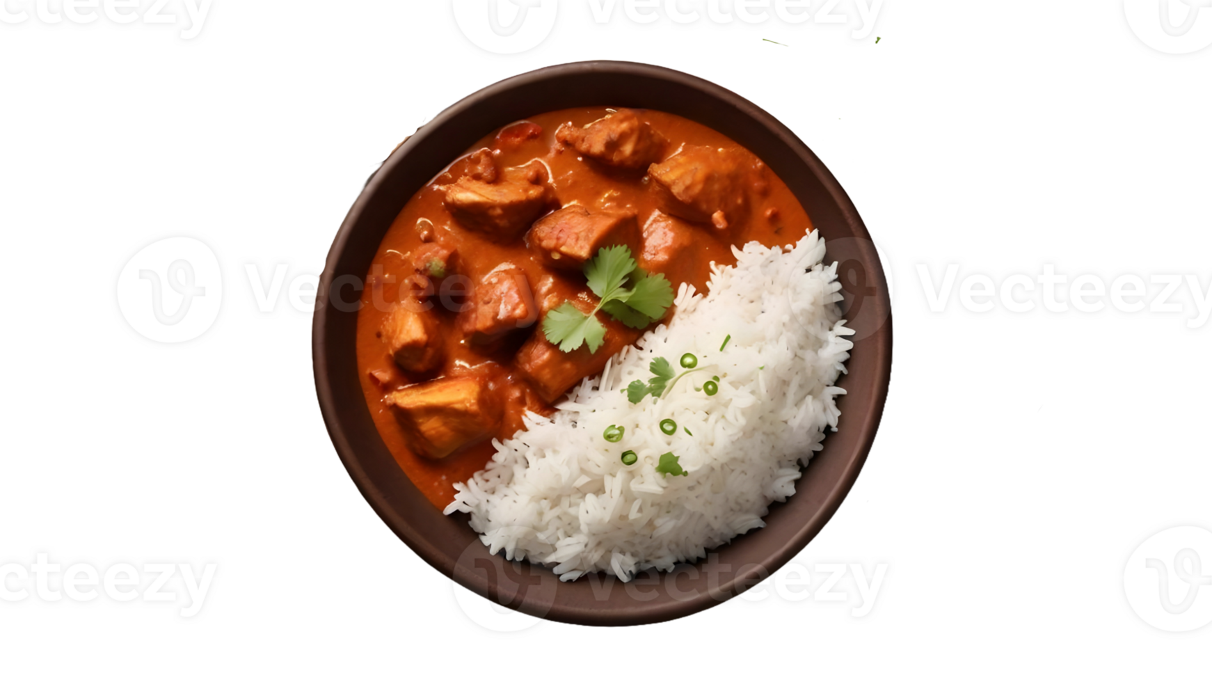AI generated Mutton curry with rice in a clay plate - PNG