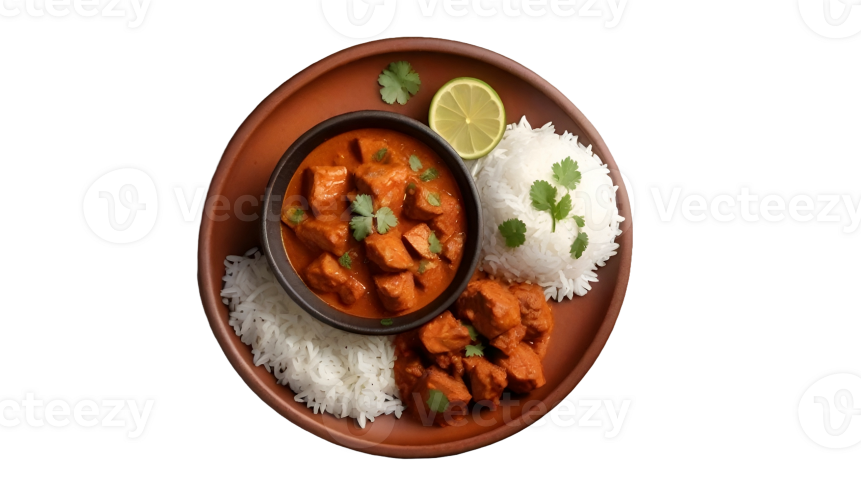 AI generated Mutton curry with rice in a clay plate - PNG