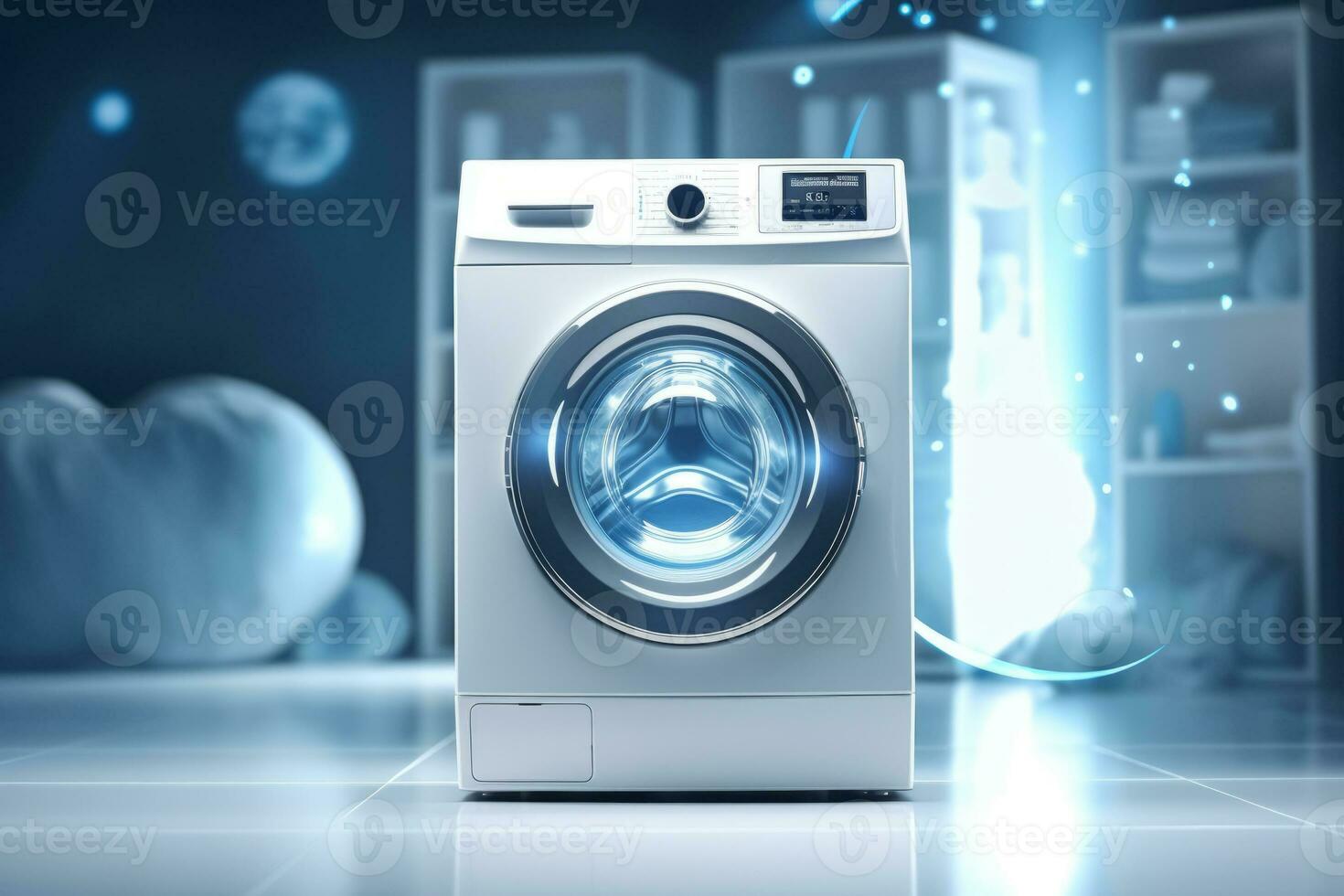 Modern washing machine in laundry room with clothes. Generative AI photo