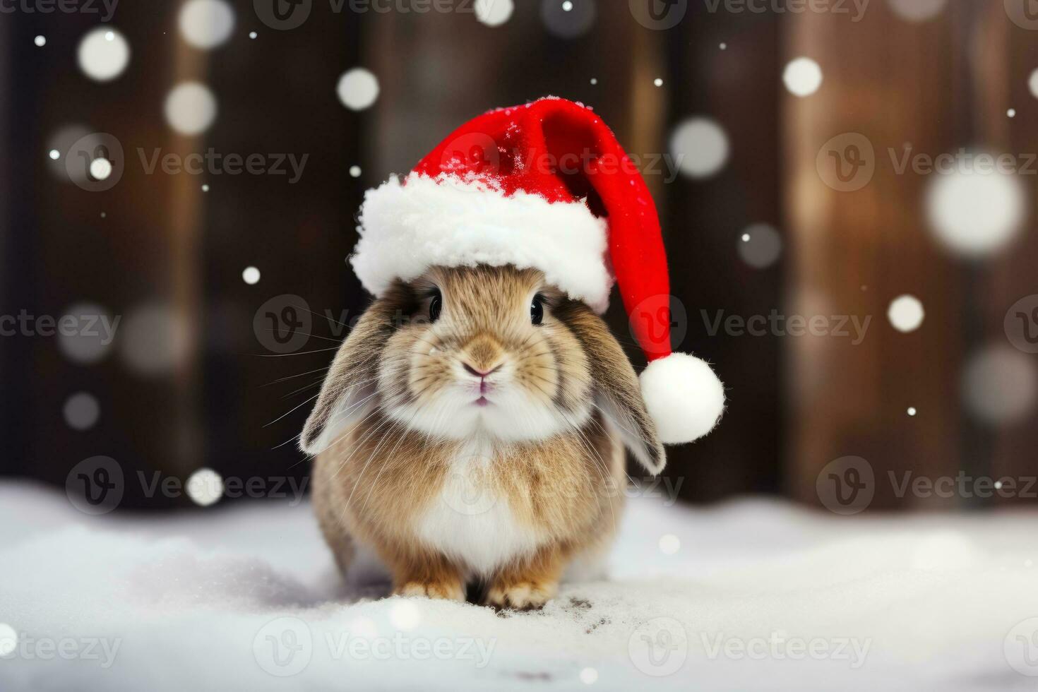 Cute fluffy rabbit in a red Santa's hat. Generative AI photo