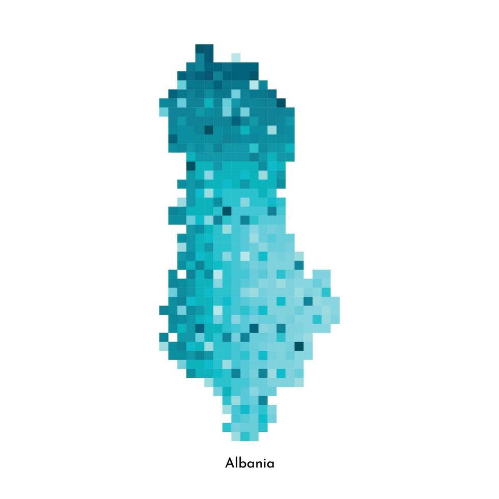Vector isolated geometric illustration with simplified icy blue silhouette of Albania map. Pixel art style for NFT template. Dotted logo with gradient texture for design on white background