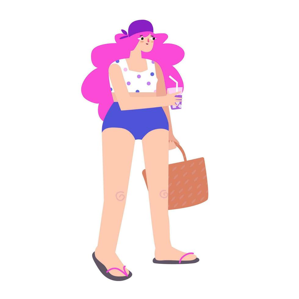 vector aislado ilustración con cuerpo positivo hembra personaje en nadar vestir en el playa. plano caucásico mujer con rosado pelo sostiene cóctel vaso y bolsa. verano moda y tropical estilo