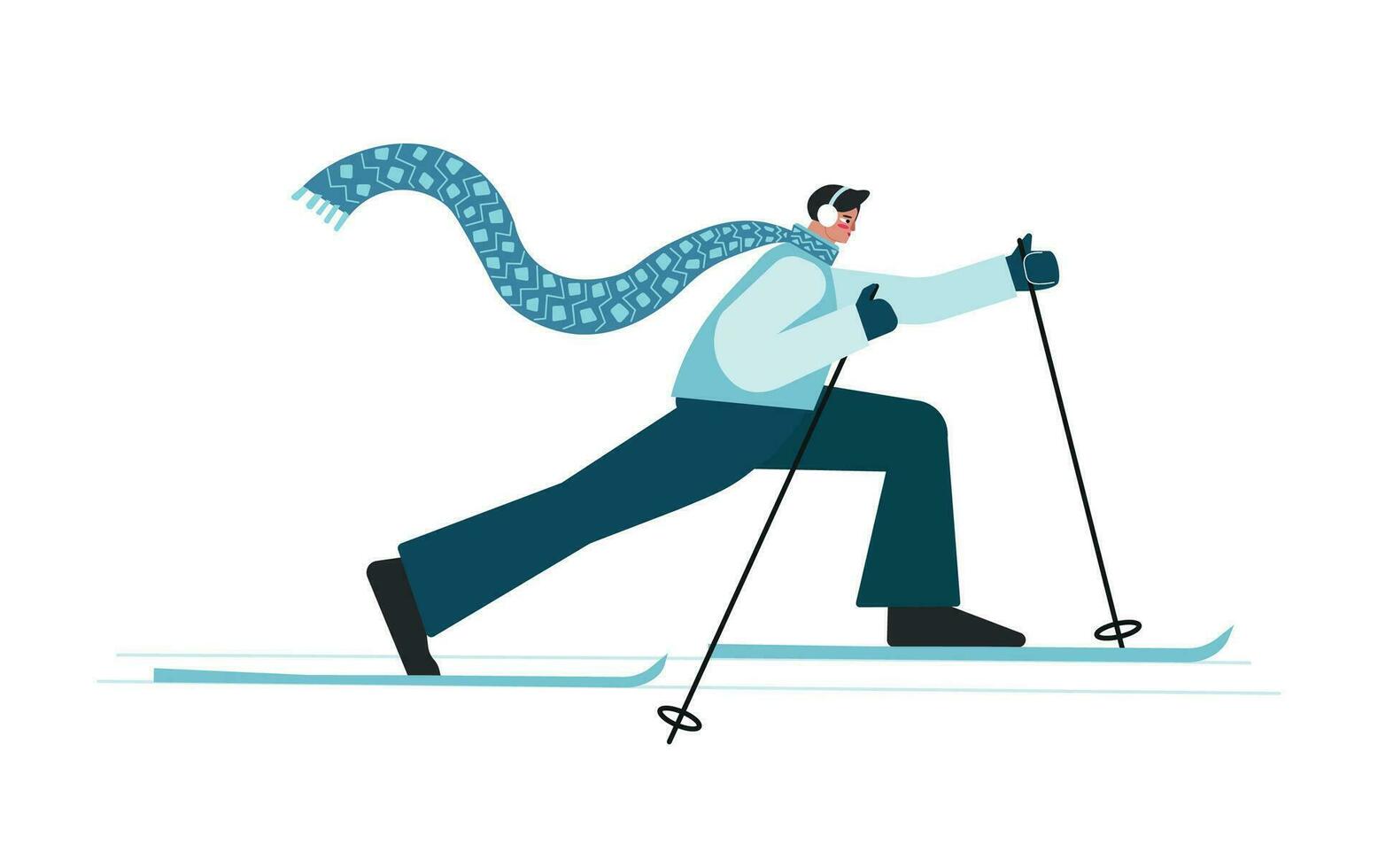 Vector isolated colorful illustration with male character in blue dress having winter training outdoor. Flat cartoon  sportive man is skiing in cross country style. Nordic skier has activity on snow