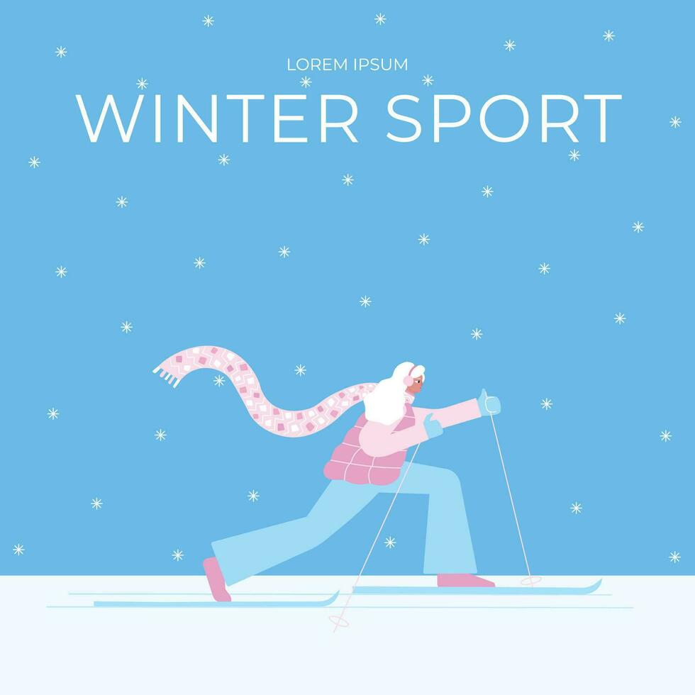 vector aislado vistoso ilustración con hembra personaje en azul y rosado vestir con texto invierno deporte. plano dibujos animados activo mujer es esquiar en cruzar país estilo. saludo tarjeta con nórdico esquiador