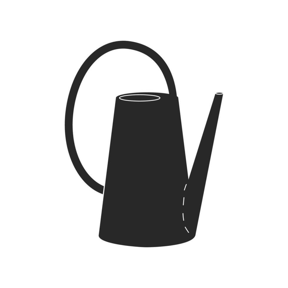 Vector isolated illustration with flat watering can, black shape. Pot is equiment to care and add for plants and flowers. Trendy dishware to boil tea or cook coffee. White background