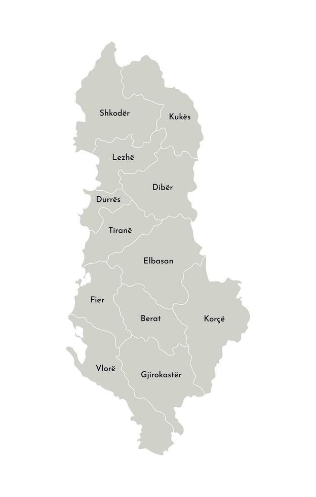 Vector isolated illustration of simplified administrative map of Albania. Borders and names of the provinces, regions. Grey silhouettes. White outline.