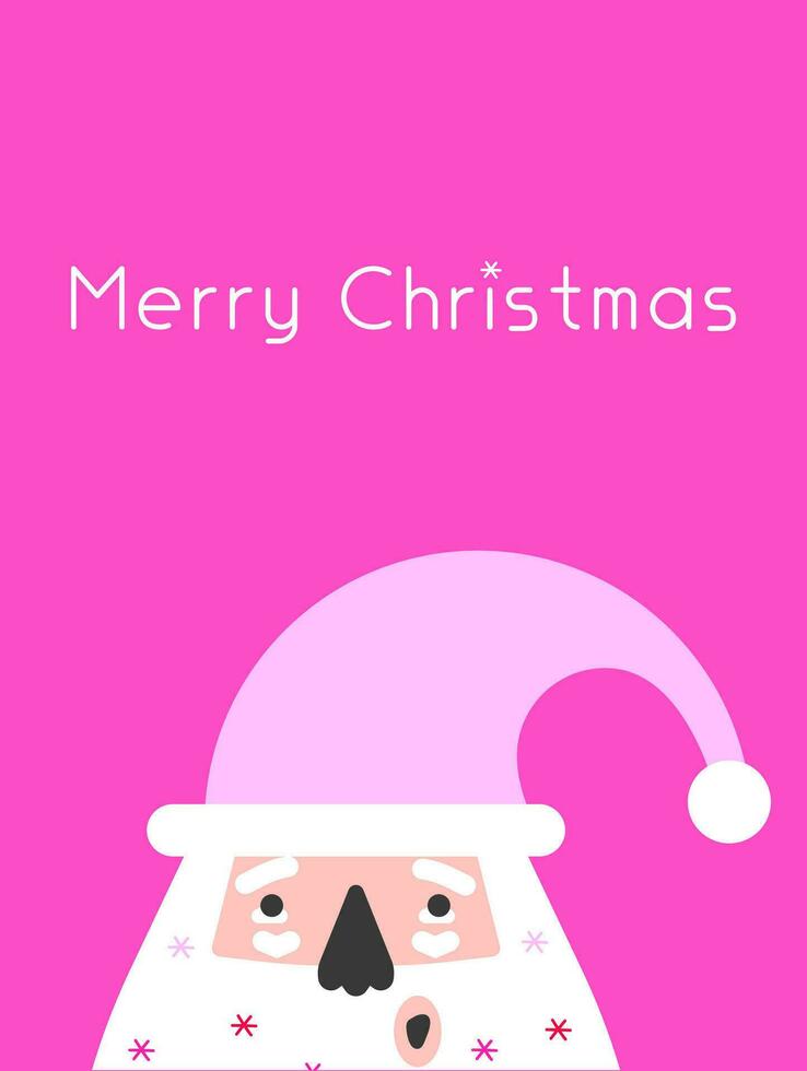 Vector isolated illustration with flat cartoon character of Santa Claus with decorated by snowflakes beard. A4 poster, greeting card with text Merry Christmas. New Year postcard in red, pink colors