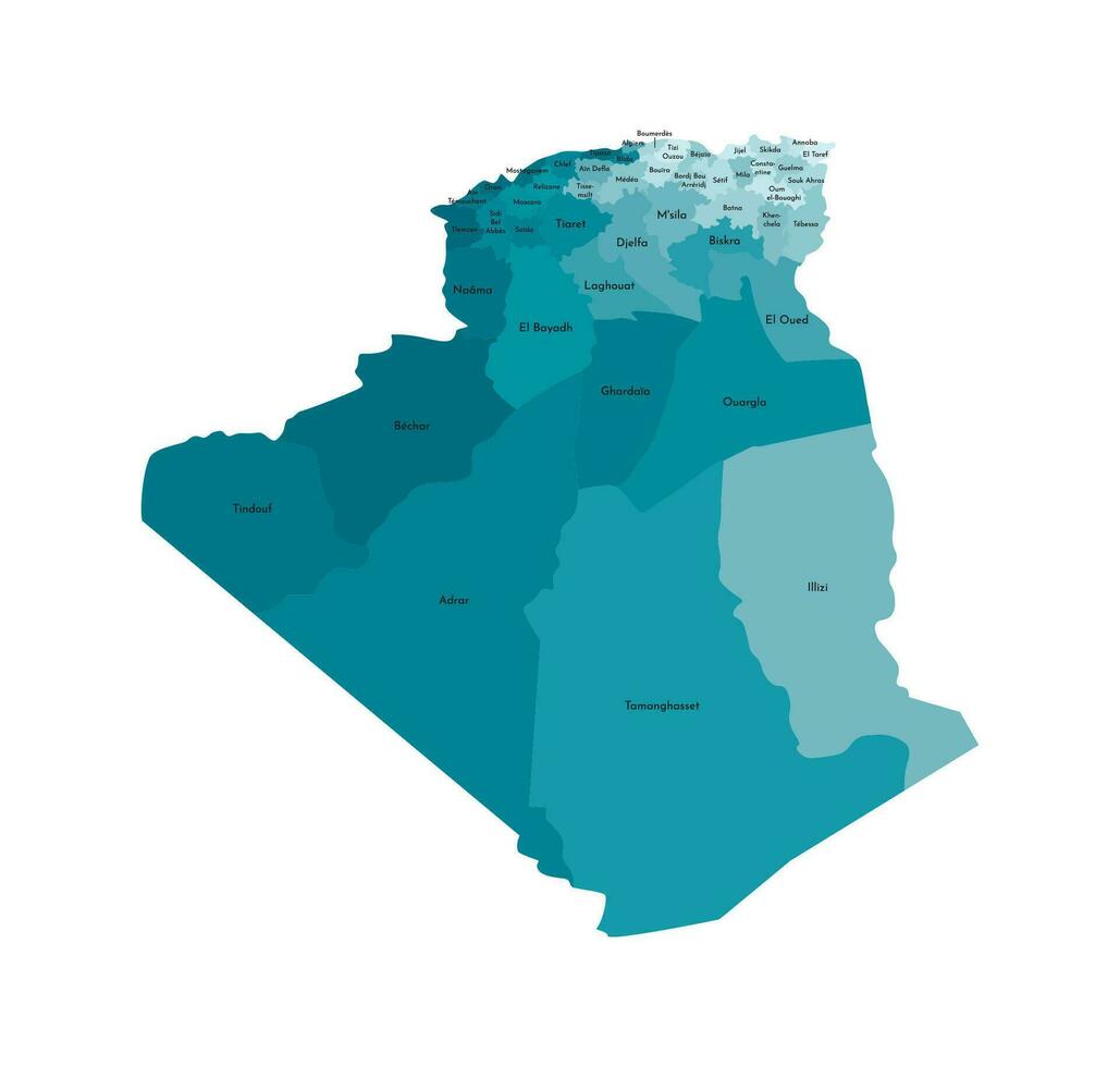 Vector isolated illustration of simplified administrative map of Algeria. Borders and names of the provinces, regions. Colorful blue khaki silhouettes