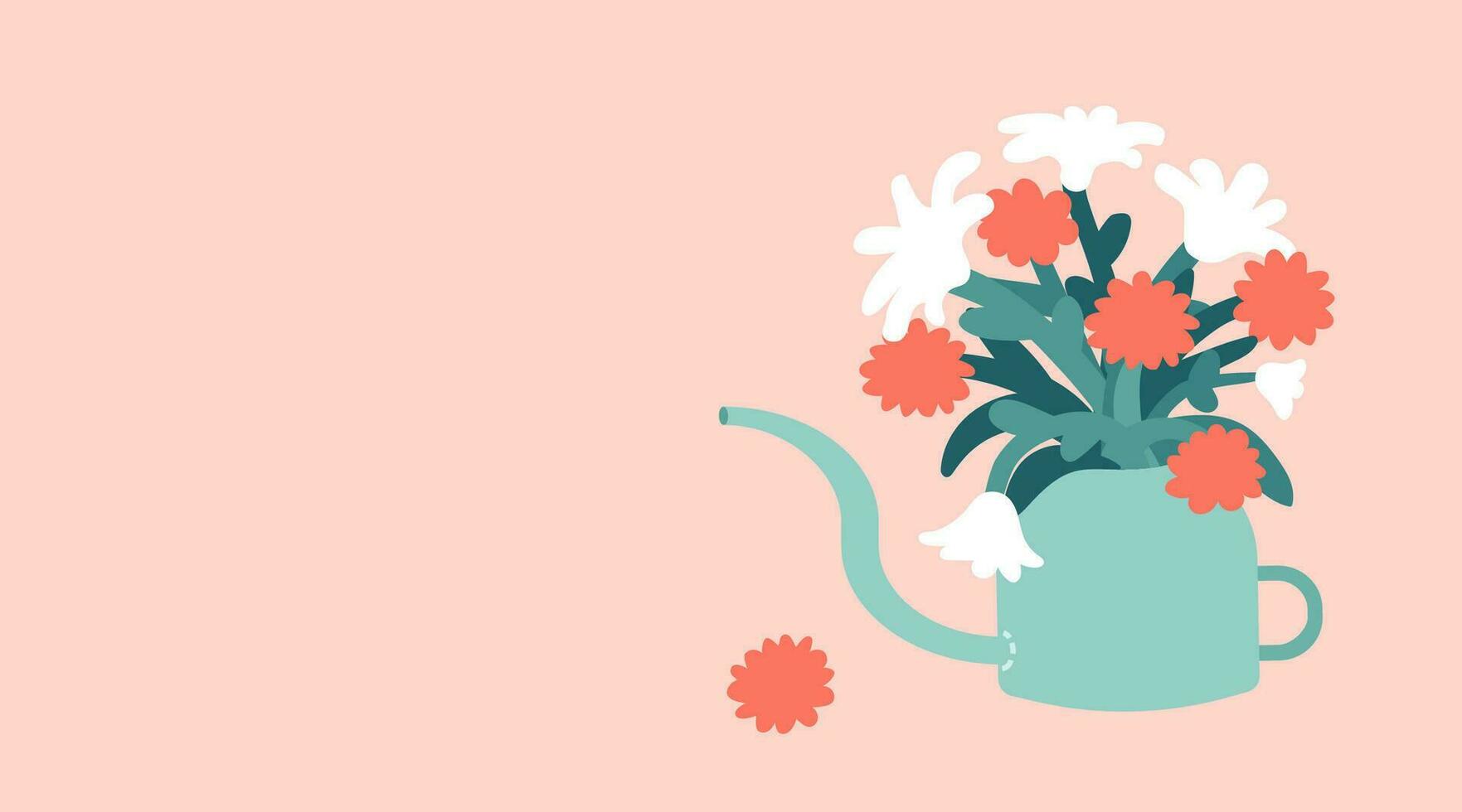 Vector botanical illustration with flower bouquet in water can. Flat tulips, chrysanthemums in pot created in pastel colors. Banner for International Mother Day with copy space. Orange background