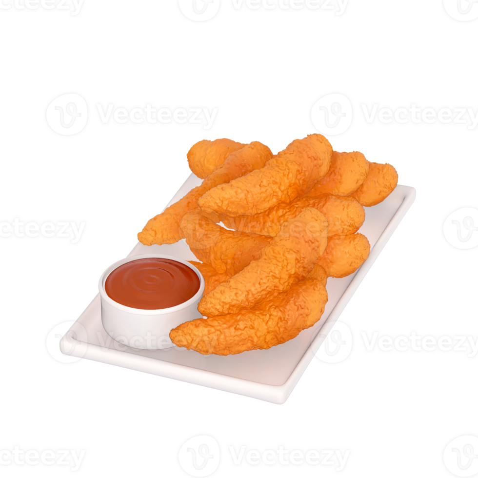 fast food menu 3d clipart, Set of Crispy Chicken Tenders served with dipping tomato sauce png