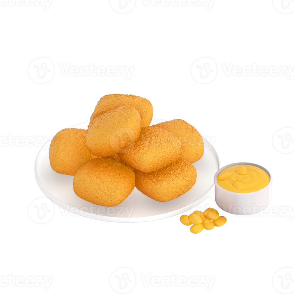 fast food menu 3d clipart, set of Fried Corn Nuggets Served with a side of honey mustard png