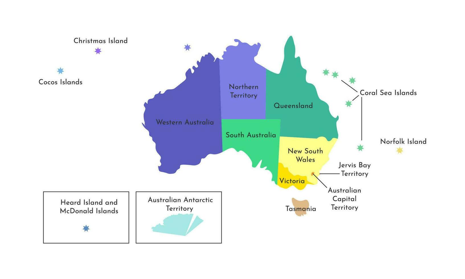 Vector isolated illustration of simplified administrative map of Australia. Borders and names of the regions. Multi colored silhouettes.