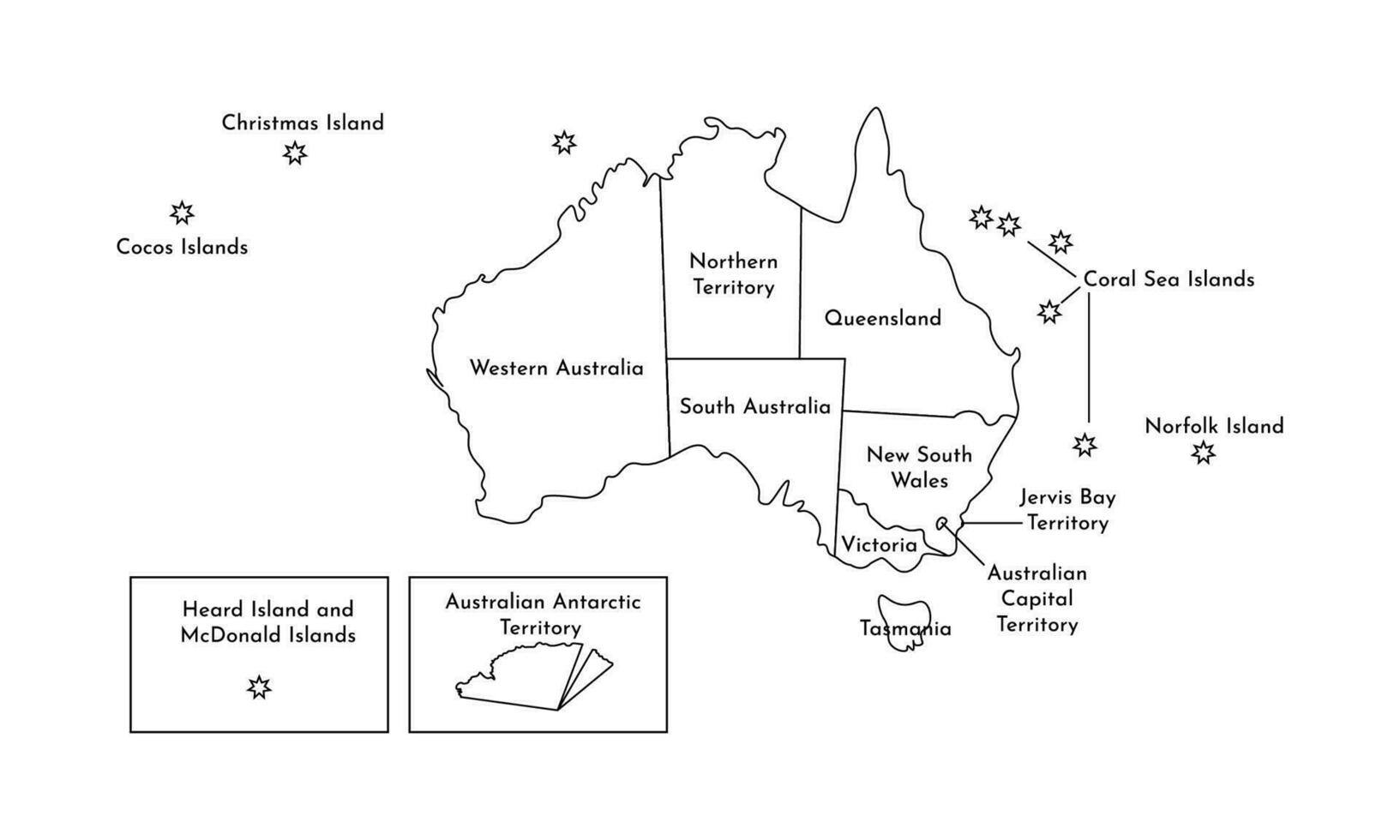 Vector isolated illustration of simplified administrative map of Australia. Borders and names of the regions. Black line silhouettes.