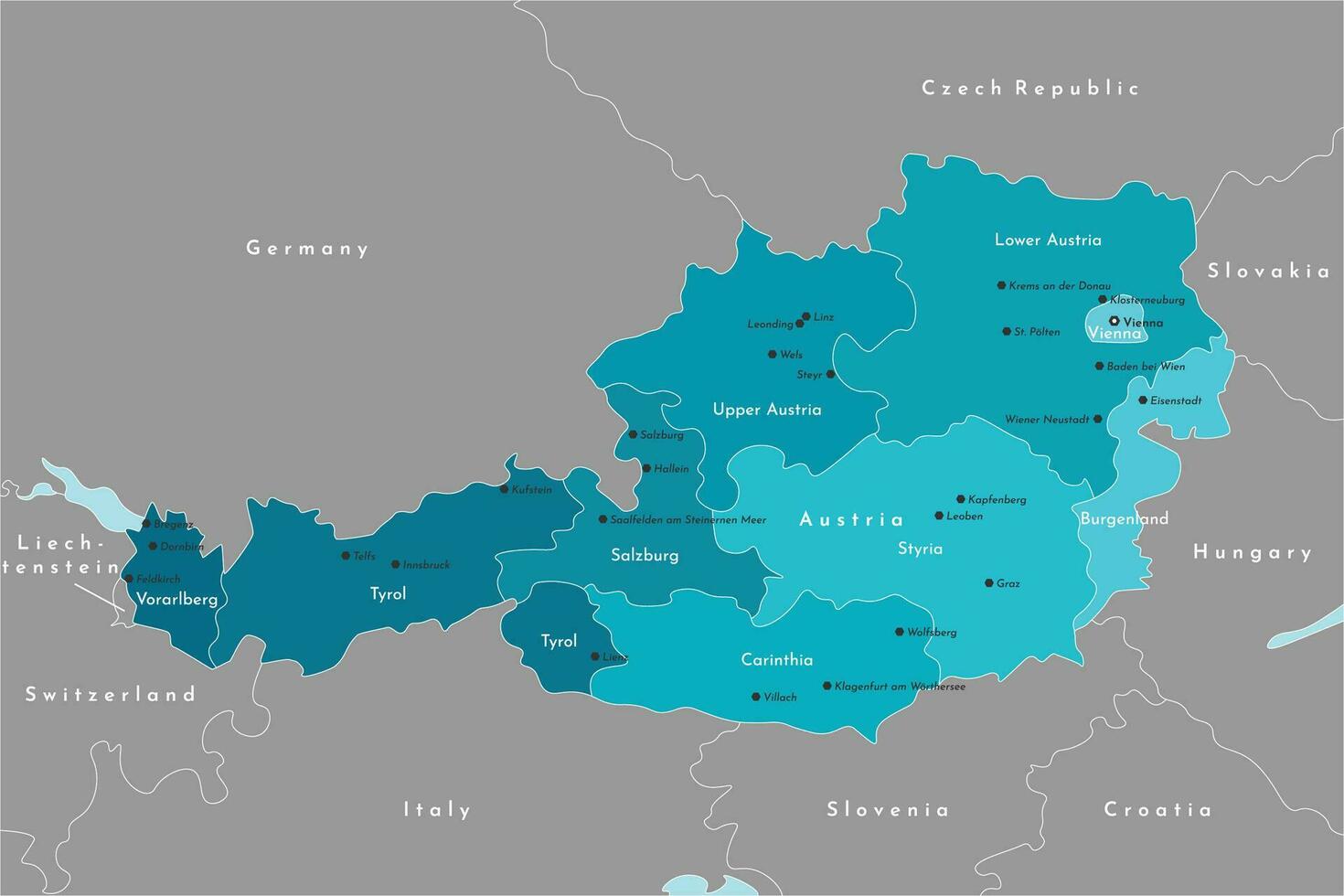 vector moderno ilustración. simplificado administrativo mapa de Austria. eso es bordeado por Alemania, checo república, Italia, Suiza y etc. nombres de austriaco ciudades y estados azul y gris colores