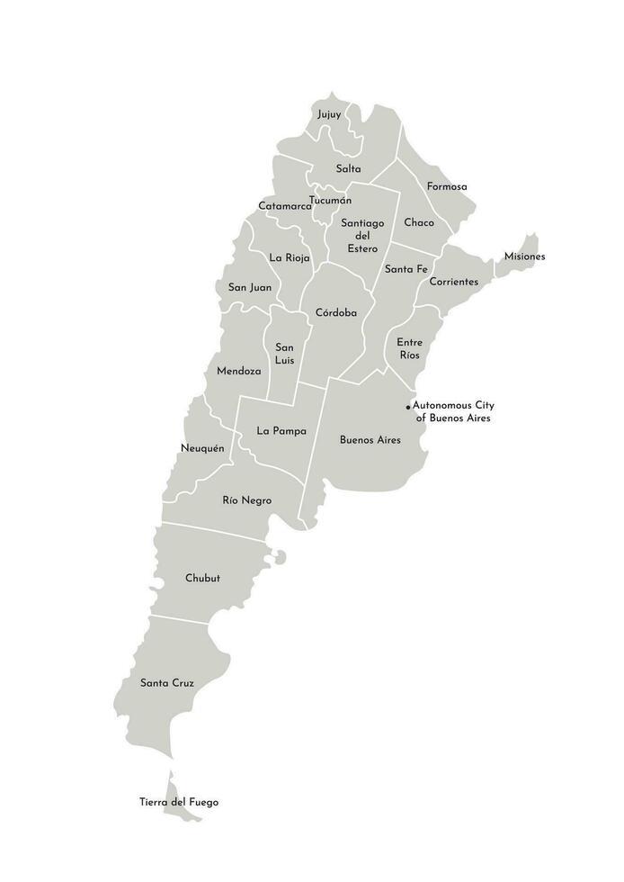 Vector isolated illustration of simplified administrative map of Argentina. Borders and names of the provinces, regions. Grey silhouettes. White outline