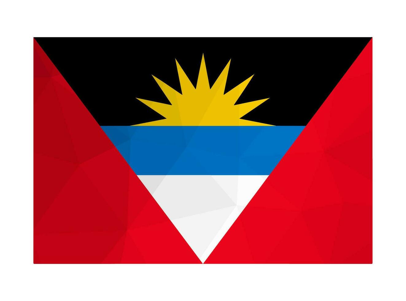 Vector isolated illustration. National flag and official symbol of Antigua and Barbuda. Creative design in low poly style with triangular shapes. Gradient effect.