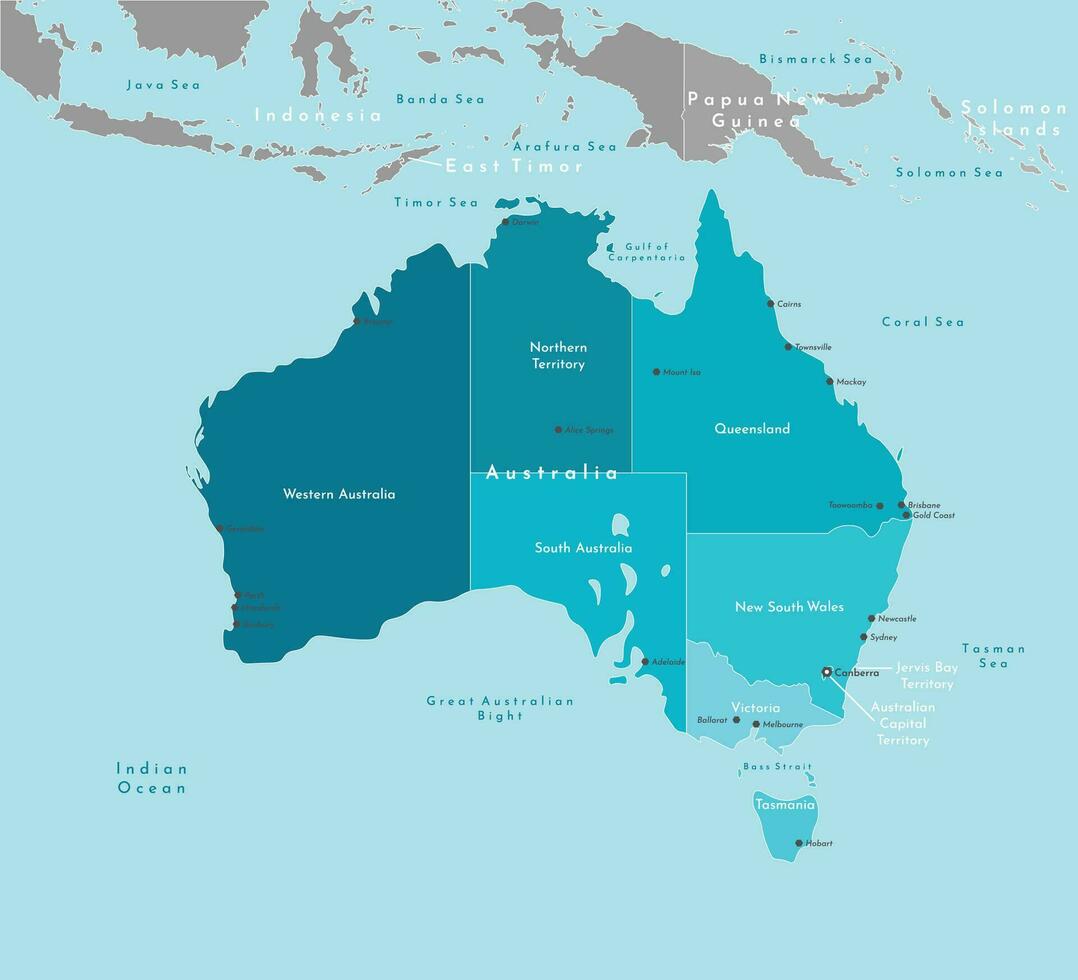 Vector modern illustration. Simplified geographical map of Australia and nearest areas, Indonesia, Papua New Guinea and etc. Blue background of Indian ocean and seas. Names of Australian cities.