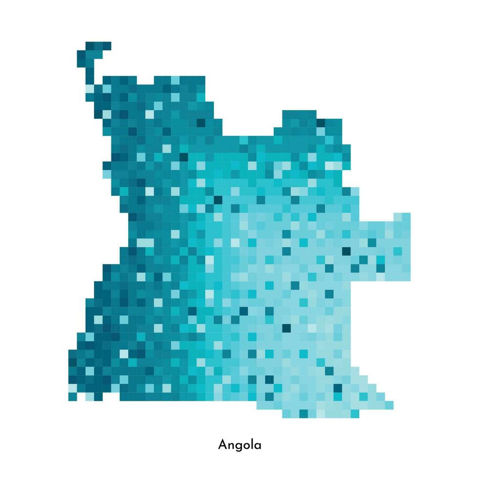 Vector isolated geometric illustration with simplified icy blue silhouette of Angola map. Pixel art style for NFT template. Dotted logo with gradient texture for design on white background