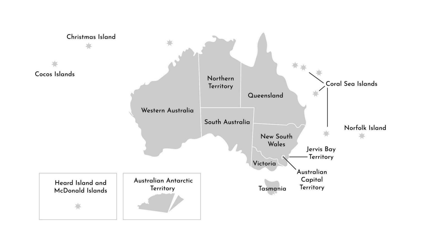 Vector isolated illustration of simplified administrative map of Australia. Borders and names of the provinces, regions. Grey silhouettes. White outline.