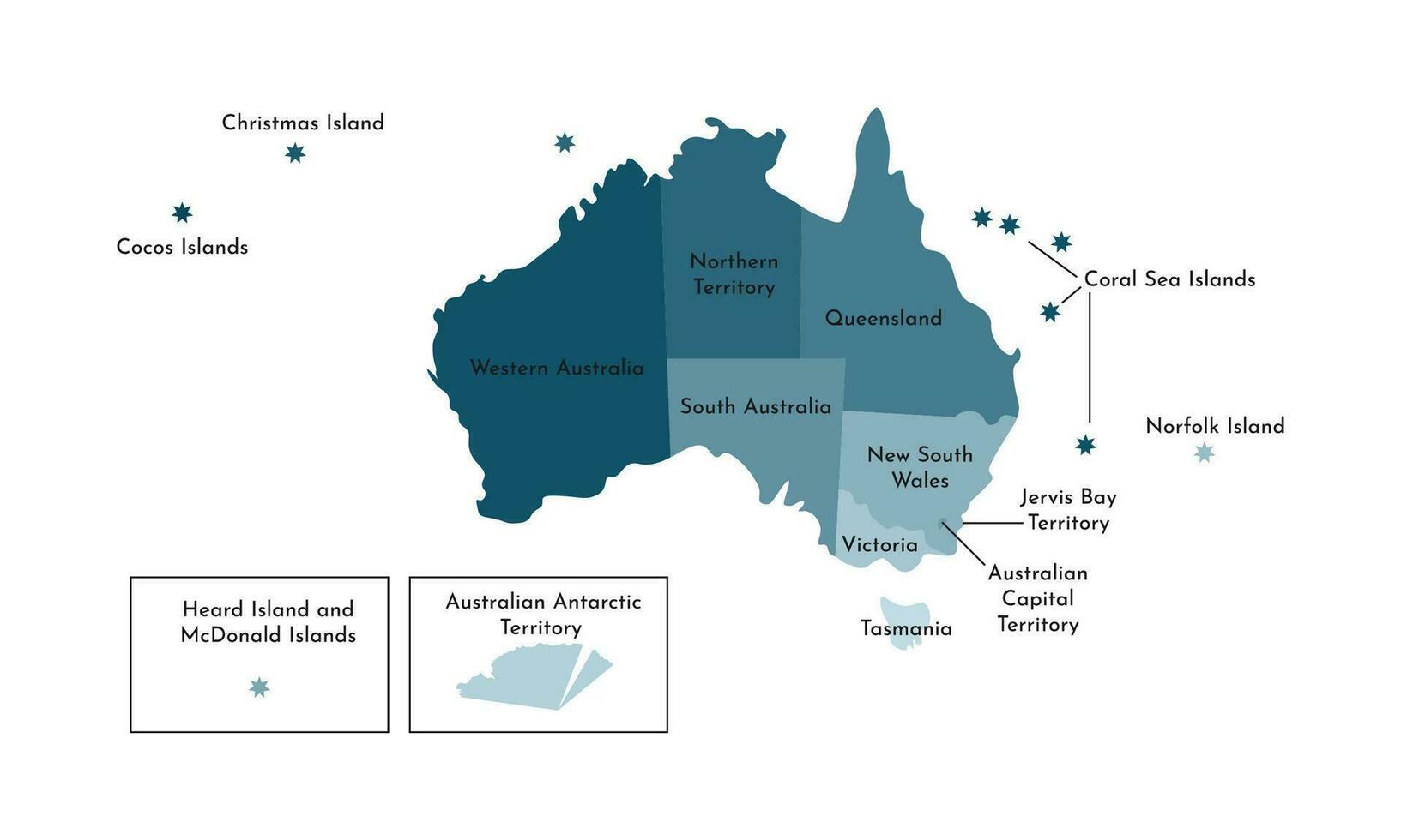 Vector isolated illustration of simplified administrative map of Australia. Borders and names of the regions. Colorful blue khaki silhouettes.