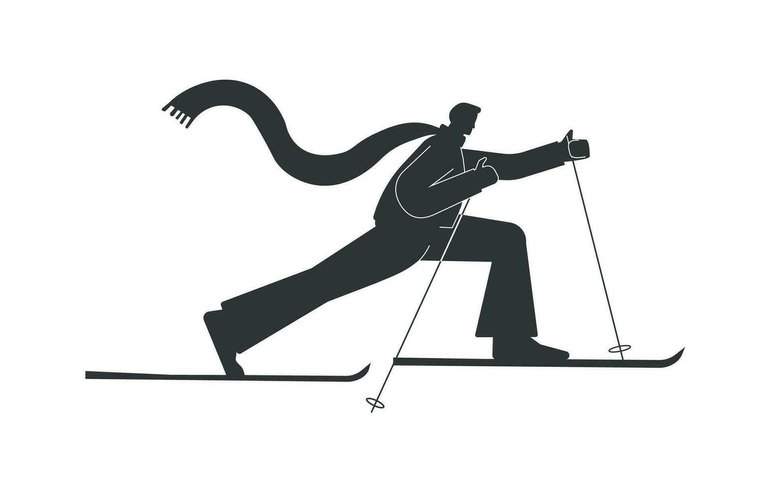 Vector isolated illustration with male character having winter training. Flat cartoon sportive man is skiing in cross country style. Nordic skier has activity on snow. Black shape with white lines