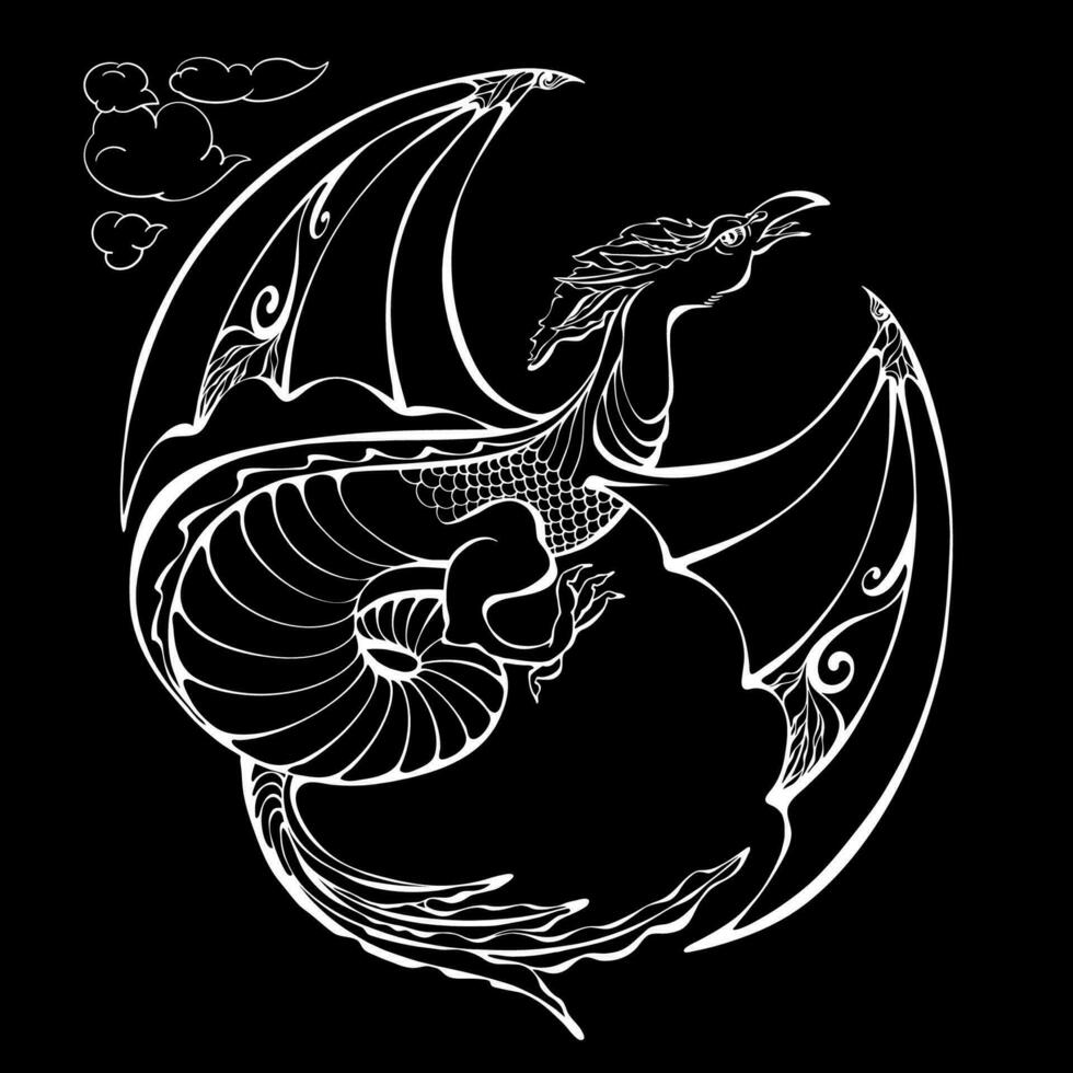 Hand-drawn silhouette dragon. Outline Dragon pattern. The mythical creature.  Vector. vector