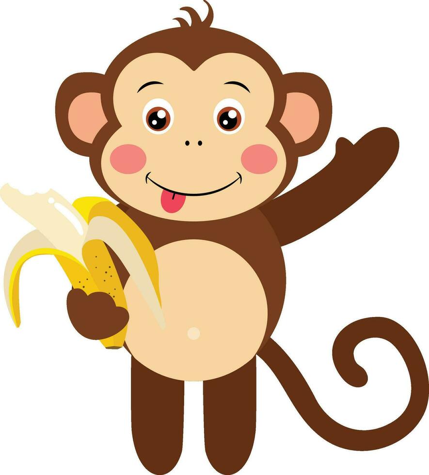 Cute monkey waving eating banana vector