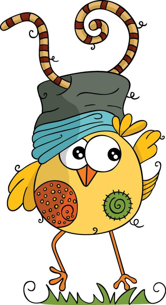 Funny yellow bird with a worm in the hat vector