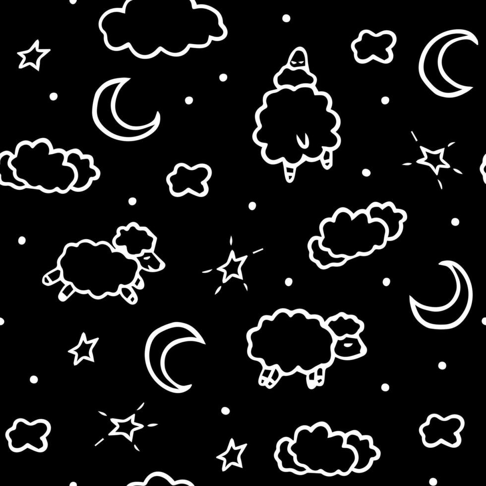 Doodle sleepy night pattern with sheep, moon, clouds, stars. Cute baby seamless background, texture for textile, banner, apparel vector