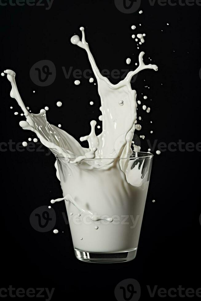 Milk splashes out of a transparent glass on a black background. AI generated. photo